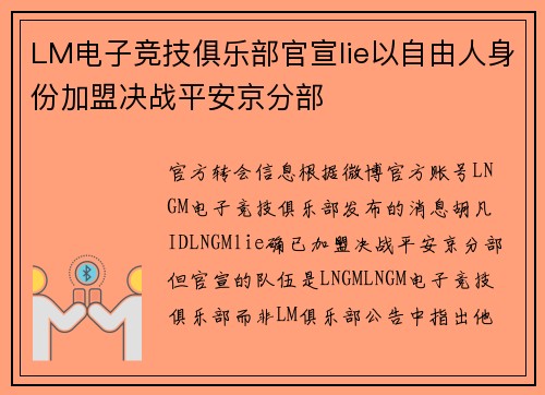 LM电子竞技俱乐部官宣lie以自由人身份加盟决战平安京分部